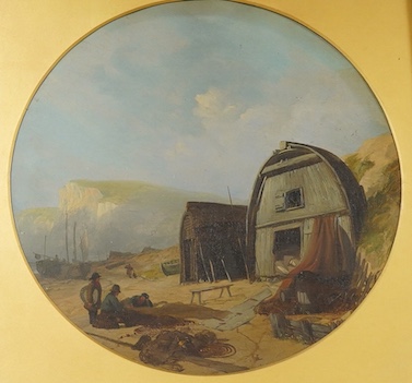 Victorian School, Fishermen's huts on a coastline, unsigned, oil on canvas, tondo, diameter 27cm